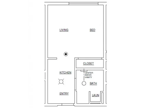 Floor plan for studio, 1 bath, 386 sqft